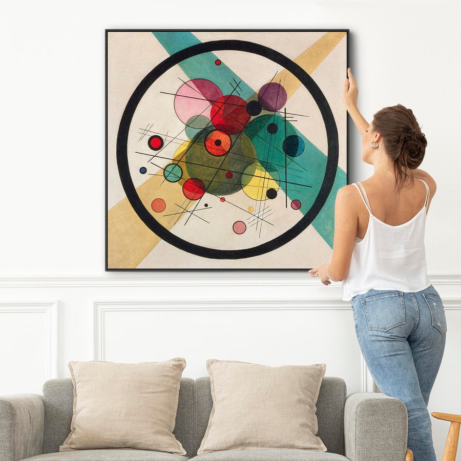 Large Abstract Kandinsky Wall Art Framed Canvas Print of Circles within a Circle Abstract Painting - 100cm x 100cm