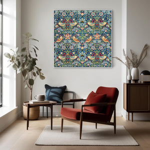 Large Colourful William Morris Wall Art Framed Canvas Print of Strawberry Thief Pattern - 100cm x 100cm