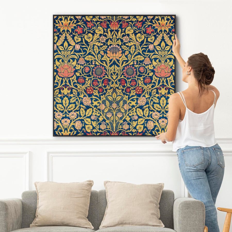 Large Colourful William Morris Wall Art Framed Canvas Print of Violet and Columbine Pattern - 100cm x 100cm