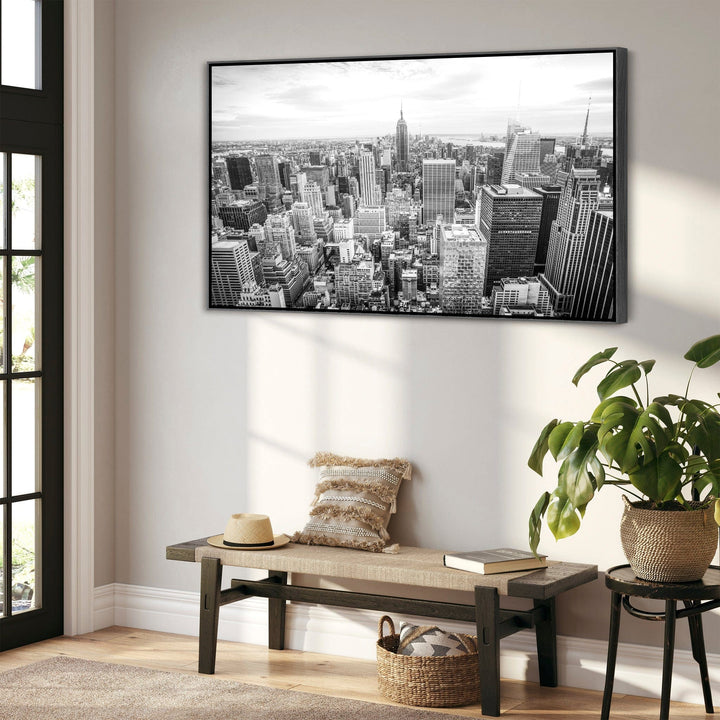 New York Skyline Framed Canvas Wall Art - Black White Picture - FF2104-B-S