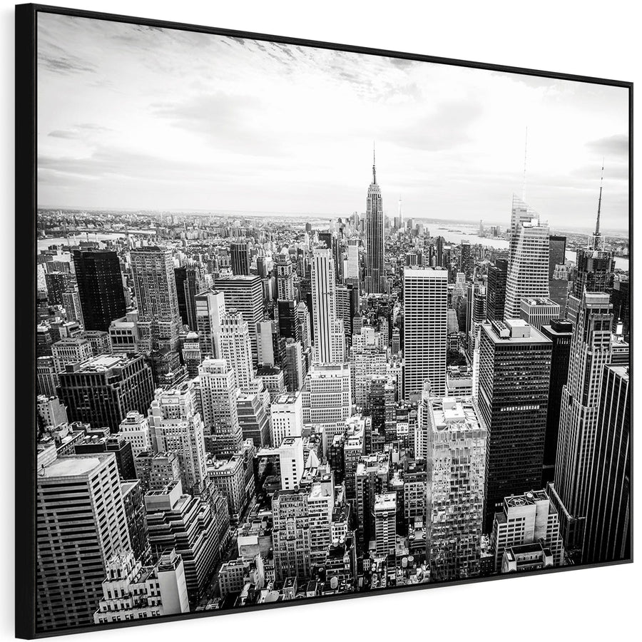 New York Skyline Framed Canvas Wall Art - Black White Picture