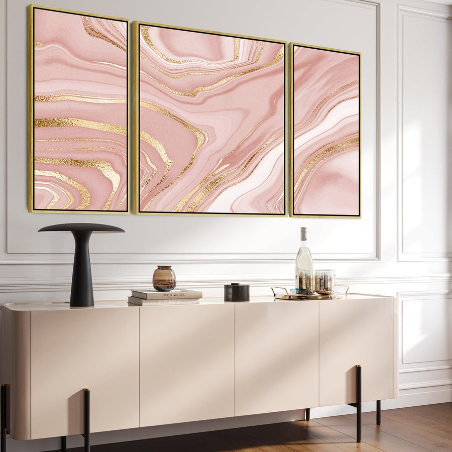 Large Pink Gold Modern Framed Canvas Wall Art - Abstract Set of 3 Pictures - 212cm Wide