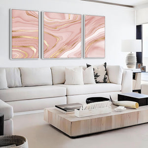 Large Pink Gold Modern Framed Canvas Wall Art - Abstract Set of 3 Pictures - 212cm Wide