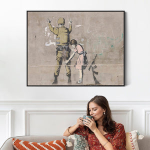 Large Banksy Framed Canvas Art Print - Girl Frisking Soldier