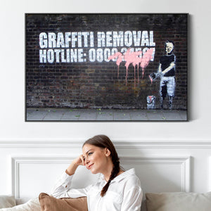 Large Banksy Framed Canvas Art Print - Graffiti Removal Hotline