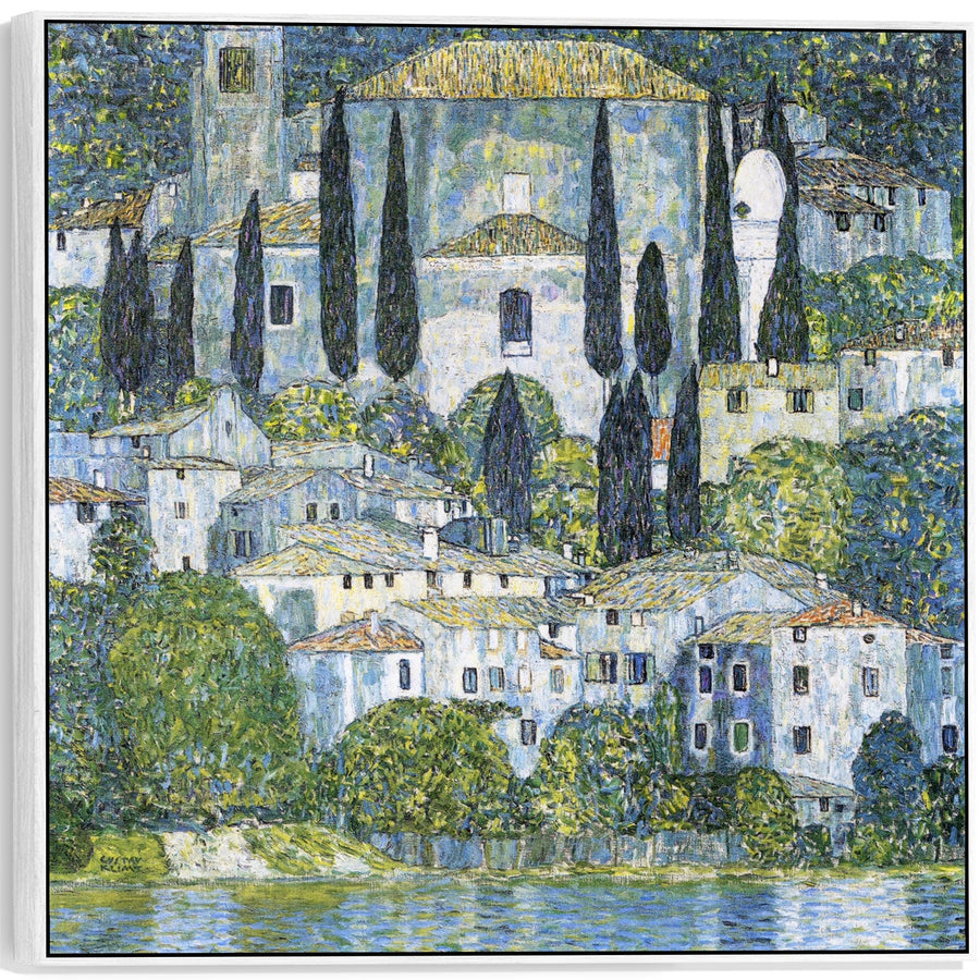 Large Blue Gustav Klimt Landscape Wall Art Framed Canvas Print of Kirche in Casseone Painting - 100cm x 100cm