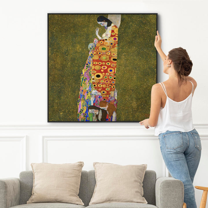 Large Colourful Gustav Klimt Wall Art Framed Canvas Print of Hope II Painting - 100cm x 100cm - FFs-2288-B-XL