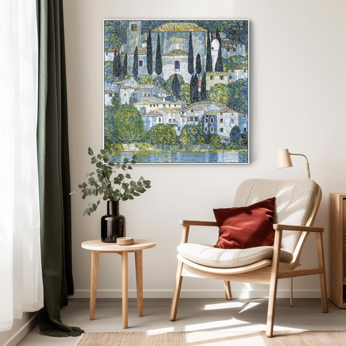 Image showcasing Large Blue Gustav Klimt Landscape Wall Art Framed Canvas Print of Kirc ...
