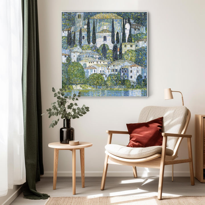 Large Blue Gustav Klimt Landscape Wall Art Framed Canvas Print of Kirche in Casseone Painting - 100cm x 100cm - FFs-2285-W-XL