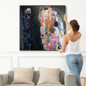 Large Colourful Gustav Klimt Wall Art Framed Canvas Print of Death and Life Painting - 100cm x 100cm