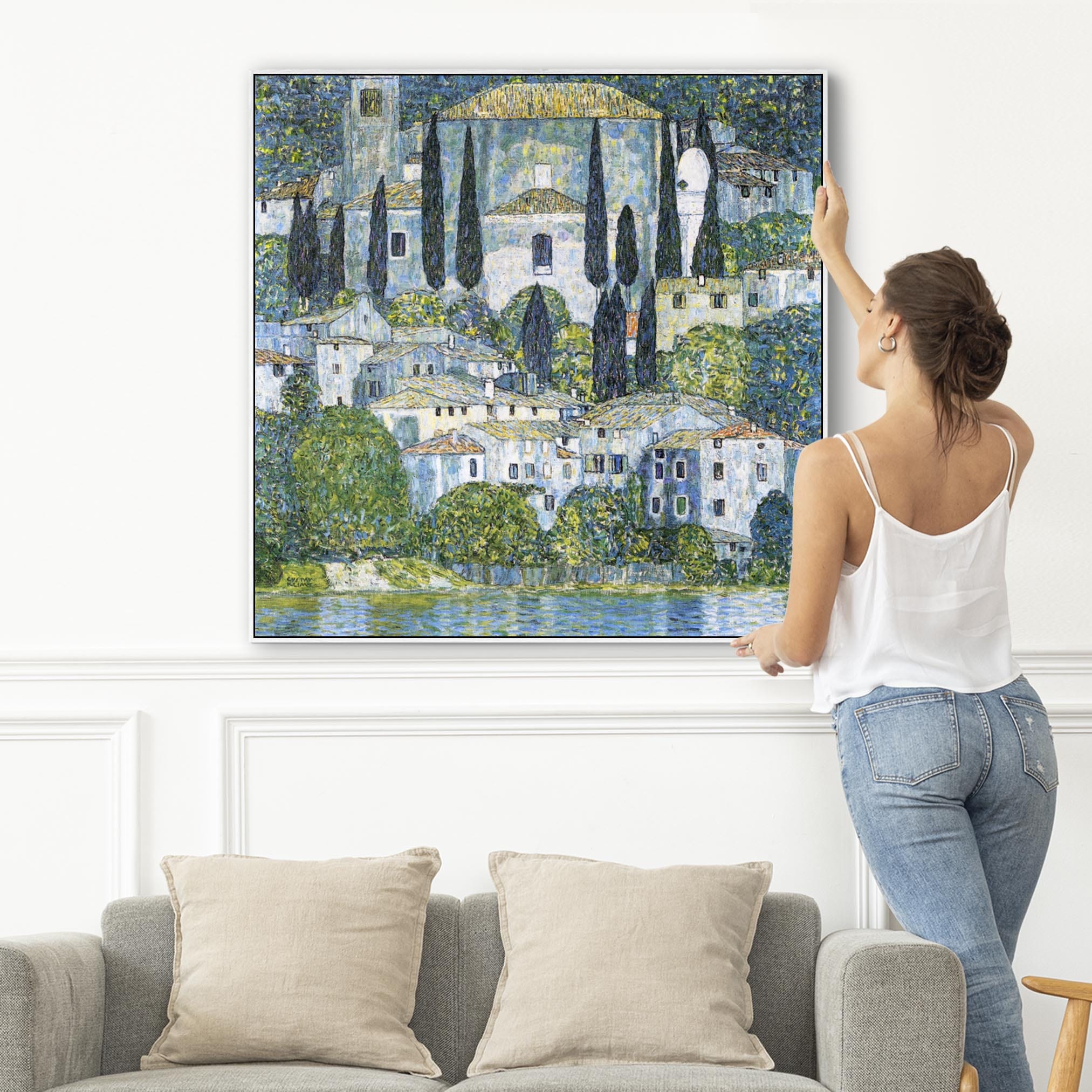 Large Blue Gustav Klimt Landscape Wall Art Framed Canvas Print of Kirc - Gustav Klimt Mosaic Cityscape Canvas Sunset Reflection Wall Art