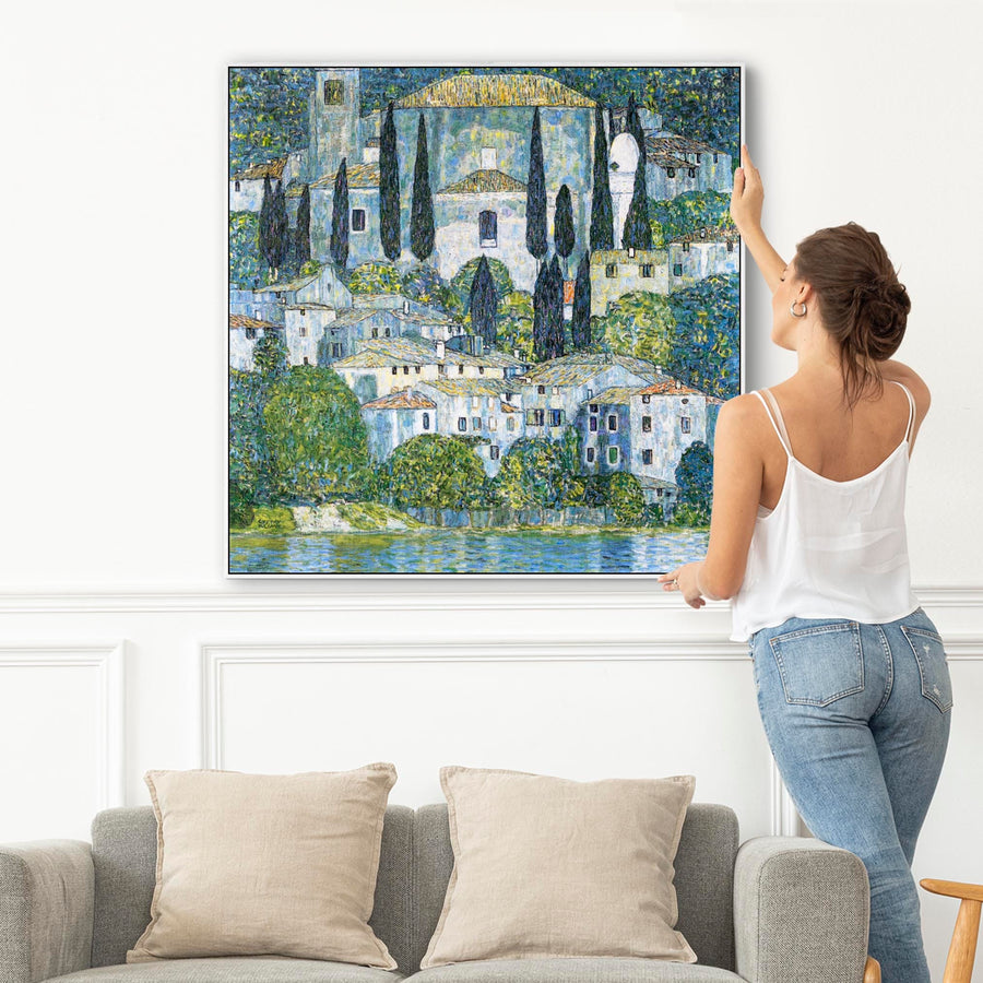 Large Blue Gustav Klimt Landscape Wall Art Framed Canvas Print of Kirche in Casseone Painting - 100cm x 100cm