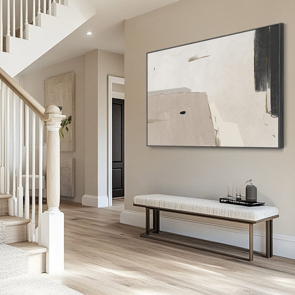 Large Neutral Abstract Canvas Wall Art - Framed Beige Black Artwork