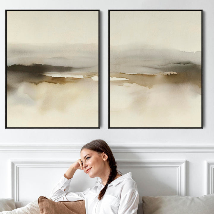 Modern Living Room Wall Art - Abstract Sage Neutral Lounge Artwork - 2FFPob-2600-B-L