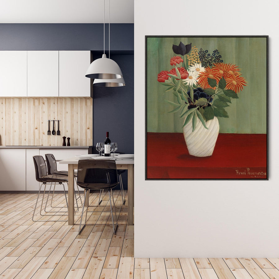 Henri Rousseau Framed Artwork on Canvas Bouquet of Flowers with China Asters and Tokyos