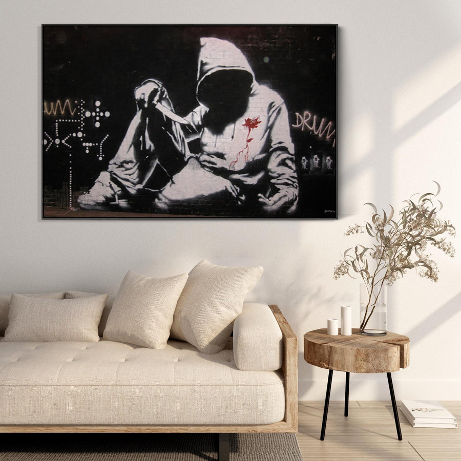 Large Banksy Framed Canvas Art Print - Hoodie with Knife