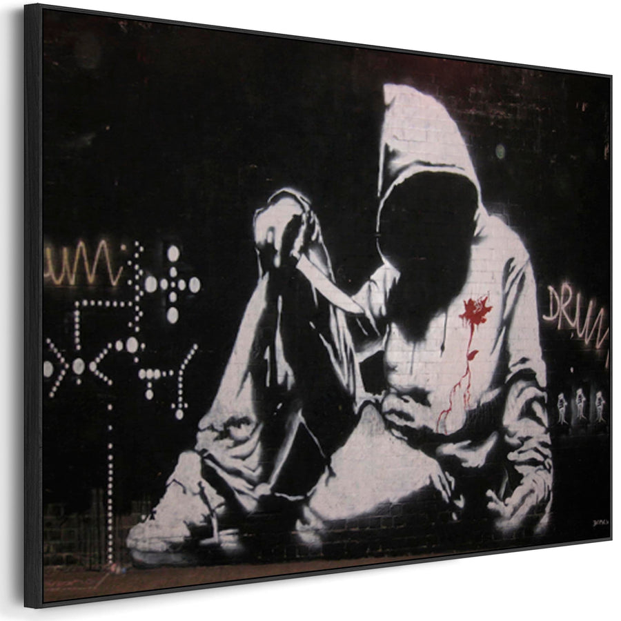 Large Banksy Framed Canvas Art Print - Hoodie with Knife