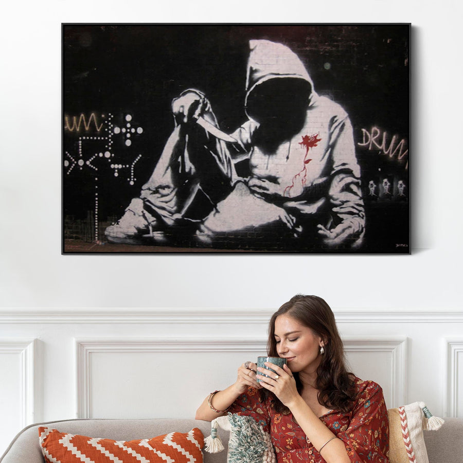 Large Banksy Framed Canvas Art Print - Hoodie with Knife