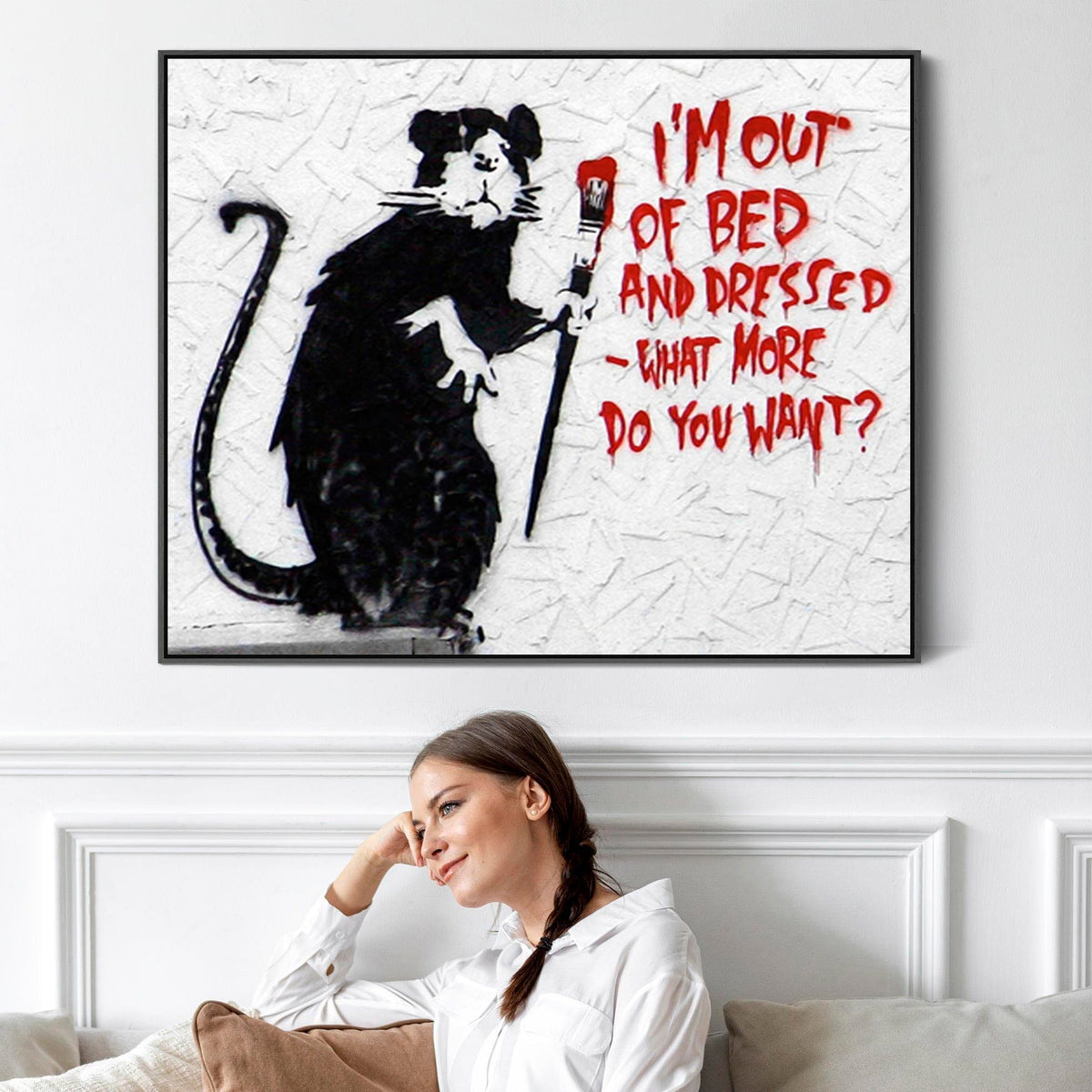 Large Banksy Framed Canvas Art Print - Im Out of Bed and Dressed ...