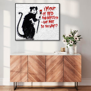 Large Banksy Framed Canvas Art Print - Im Out of Bed and Dressed