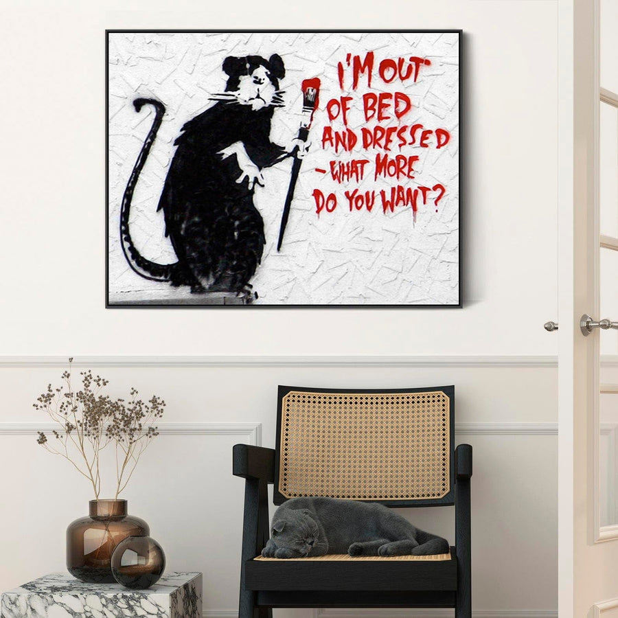 Large Banksy Framed Canvas Art Print - Im Out of Bed and Dressed