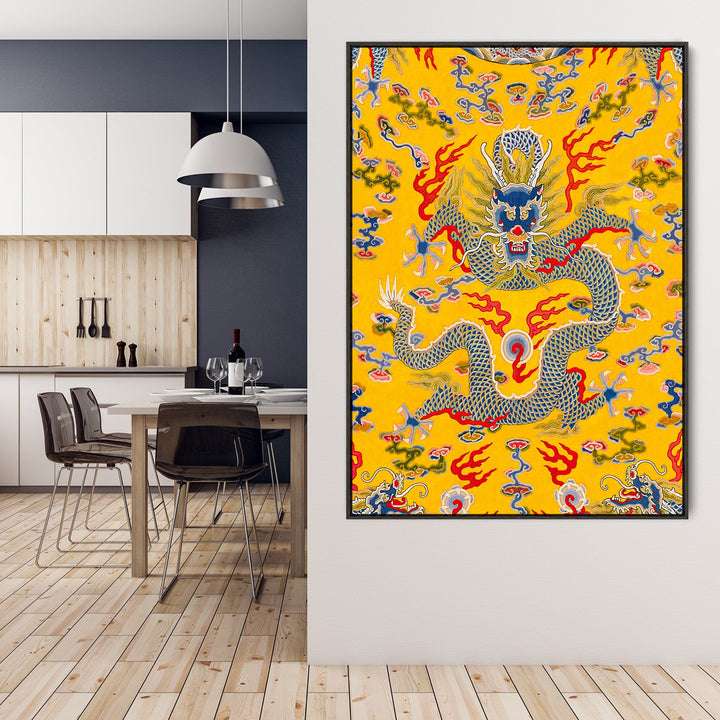 Japanese Dragon Wall Art Framed Canvas Print of Yellow Empress Robe Painting - FFp-2193-B-S