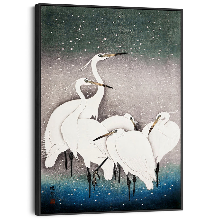 Japanese Birds Wall Art Framed Print on Canvas of Egrets Painting by Ohara Koson