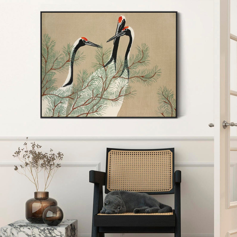 Japanese Birds Wall Art Framed Canvas Print of Cranes Momoyogusa by Kamisaka Sekka