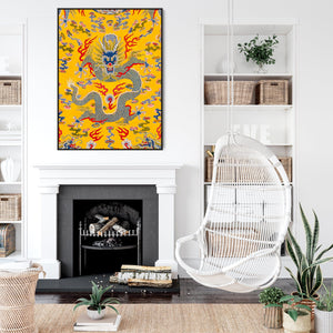 Japanese Dragon Wall Art Framed Canvas Print of Yellow Empress Robe Painting