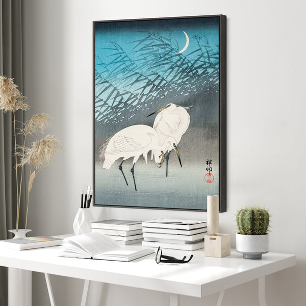 Large Japanese Wall Art Framed Ohara Koson Canvas Print of Egrets in Reeds Painting