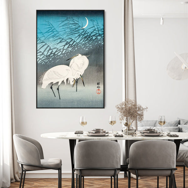 Large Japanese Wall Art Framed Ohara Koson Canvas Print of Egrets in Reeds Painting