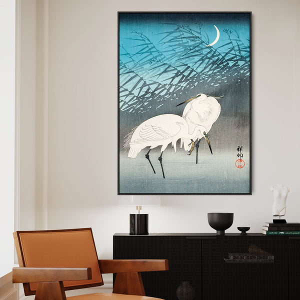 Large Japanese Wall Art Framed Ohara Koson Canvas Print of Egrets in Reeds Painting