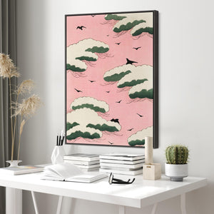 Japanese Pink Sky Wall Art Framed Canvas Print of Watanabe Seitei Painting