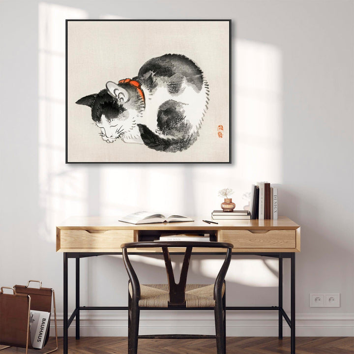 Japanese Sleeping Cat Black White Wall Art Framed Canvas Print by Kono Bairei - FFob-2305-B-L