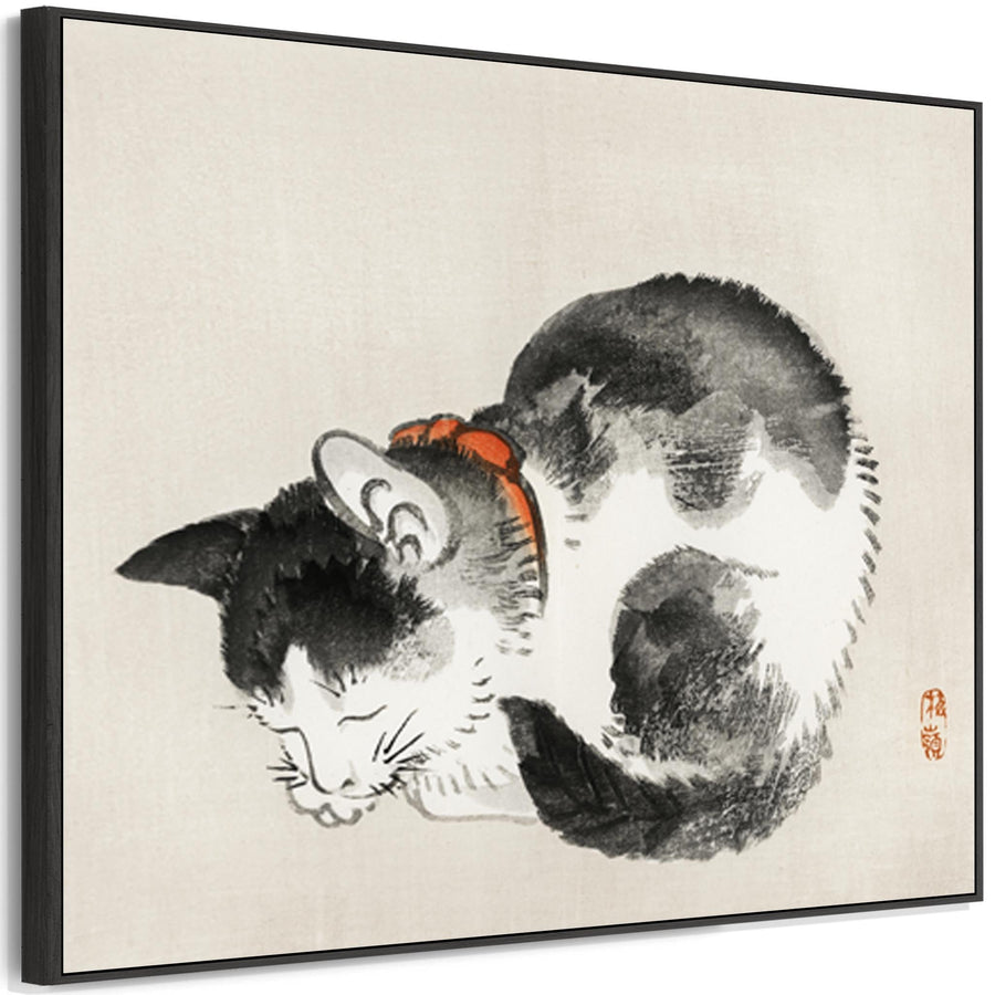 Japanese Sleeping Cat Black White Wall Art Framed Canvas Print by Kono Bairei