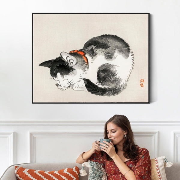 Japanese Sleeping Cat Black White Wall Art Framed Canvas Print by Kono Bairei