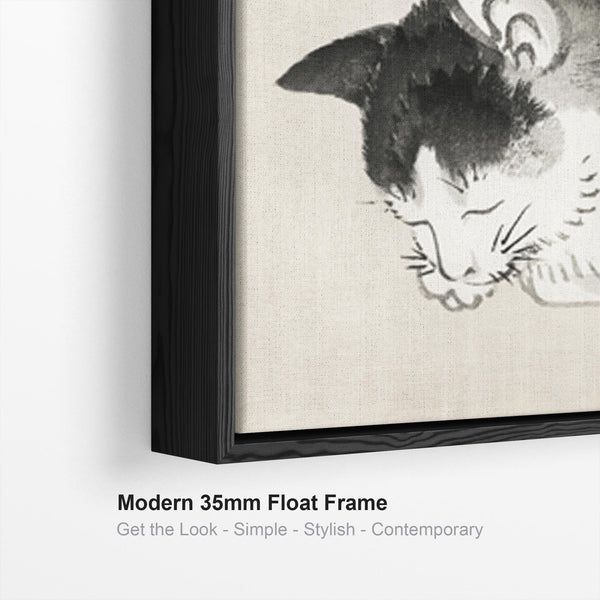 Japanese Sleeping Cat Black White Wall Art Framed Canvas Print by Kono Bairei