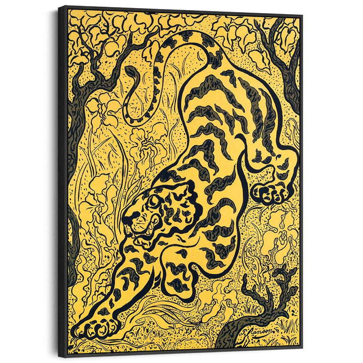 Japanese Tiger Wall Art Framed Canvas Print of Yellow Tigres de Jungle Painting - FFp-2194-B-S