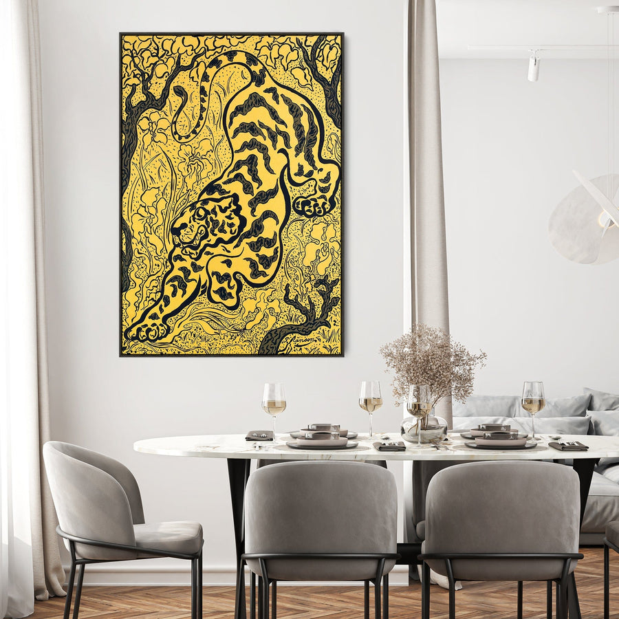 Japanese Tiger Wall Art Framed Canvas Print of Yellow Tigres de Jungle Painting