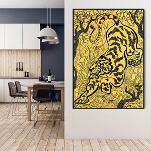 Japanese Tiger Wall Art Framed Canvas Print of Yellow Tigres de Jungle Painting