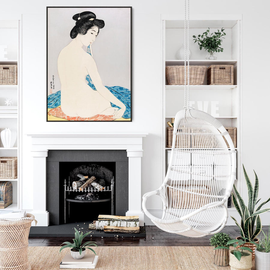 Japanese Woman Wall Art Framed Canvas Print - Bathing by Goyo Hashiguchi Painting