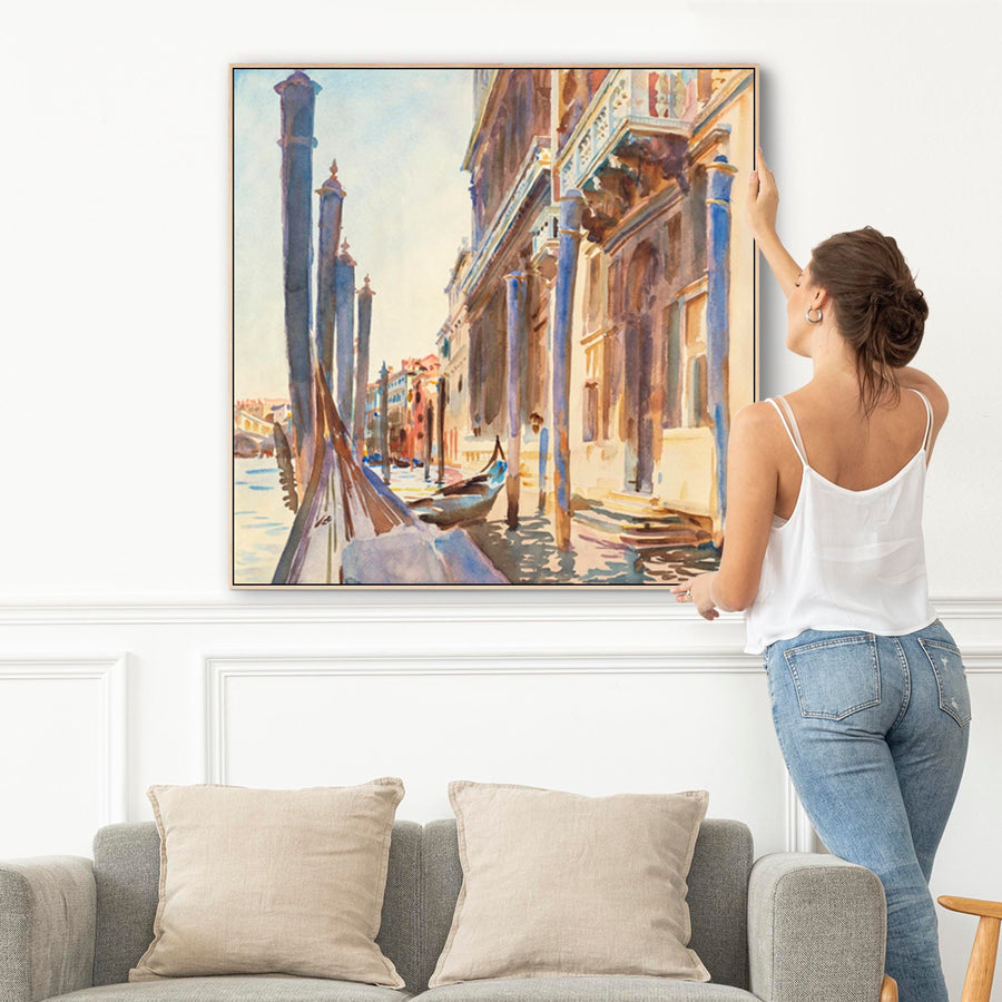 Large John Singer Sargent Wall Art Framed Canvas Print of Famous Gondola Moorings Venice Painting - 100cm x 100cm