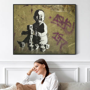 Large Banksy Framed Canvas Art Print - Kill People Baby