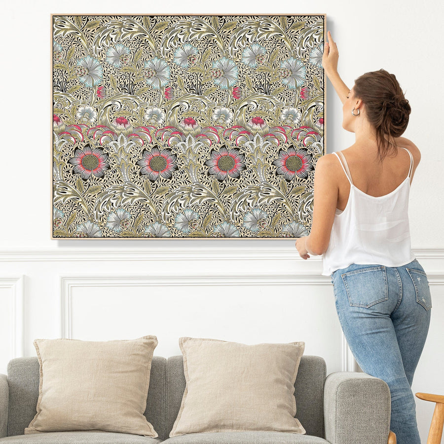 Large Green William Morris Wall Art Framed Canvas Print of Famous Corncockle Tapestry