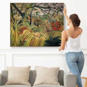 Large Green Henri Rousseau Wall Art Framed Canvas Print of Tiger in a Tropical Storm Famous Painting