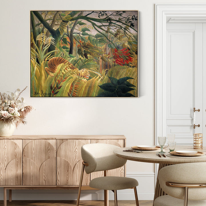 Large Green Henri Rousseau Wall Art Framed Canvas Print of Tiger in a Tropical Storm Famous Painting - FFob-2211-N-L