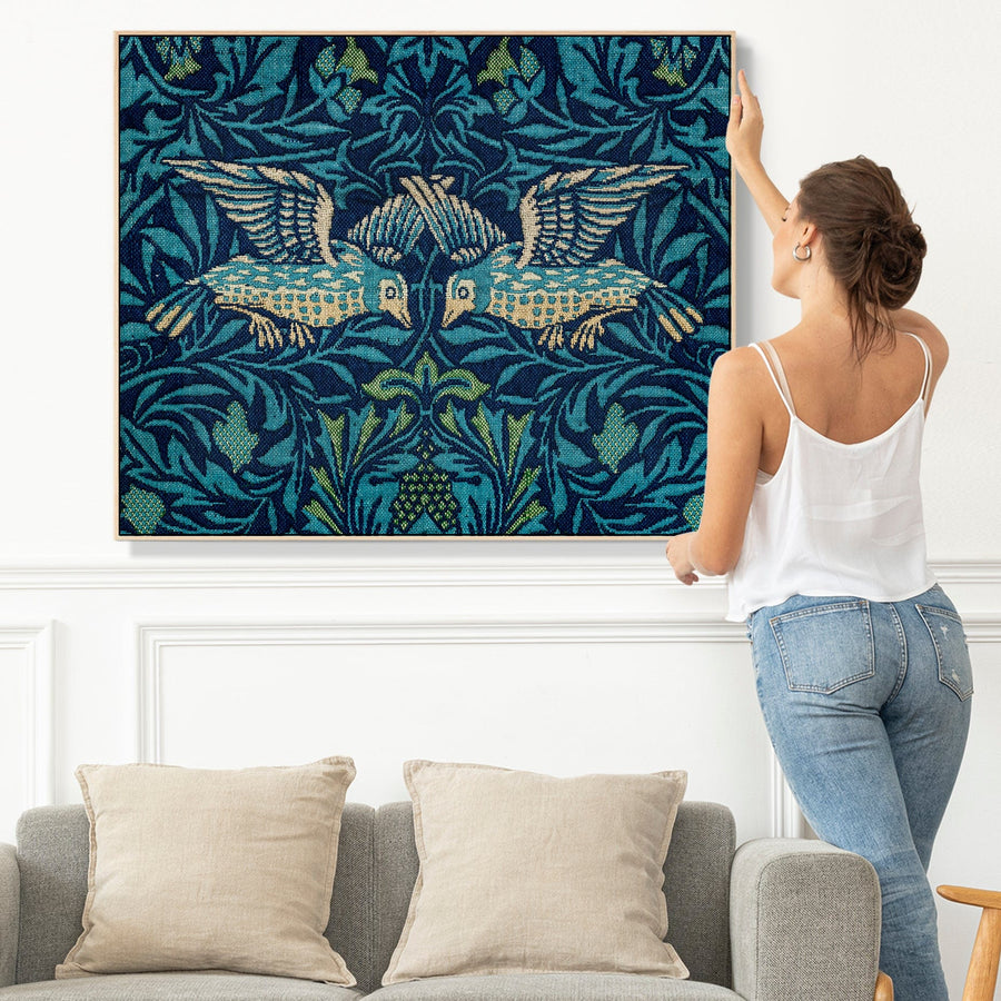 Large Blue William Morris Wall Art Framed Canvas Print of Famous Birds Tapestry Pattern
