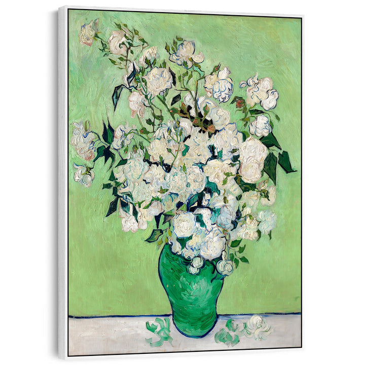 Large Vincent Van Gogh Wall Art Framed Canvas Print of White Roses Green Vase Painting - FFp-2200-W-S