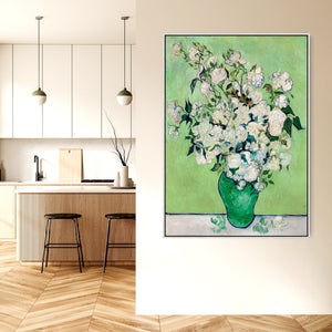 Large Vincent Van Gogh Wall Art Framed Canvas Print of White Roses Green Vase Painting