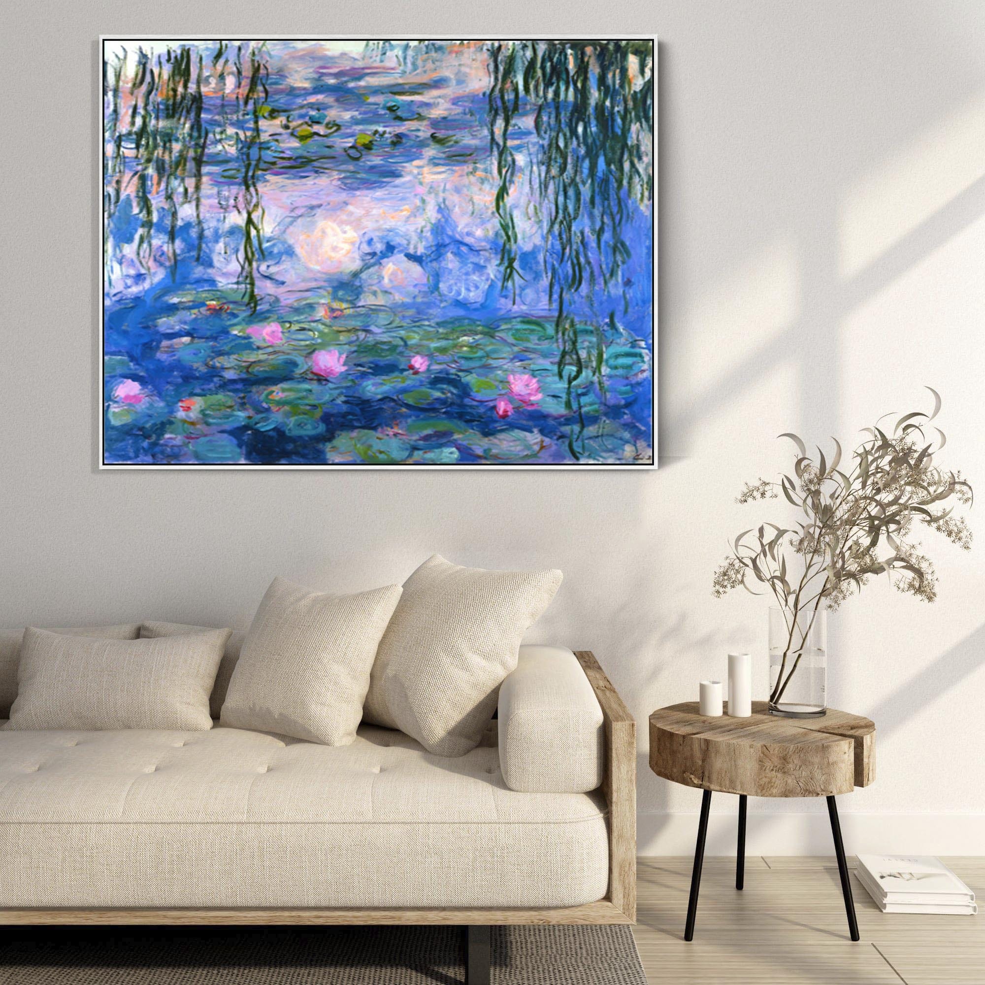 Large Blue Abstract Claude Monet Framed Canvas Print of Water Lillies